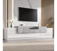 Meuble TV avec portes latérales et tiroir central 200 L x 33 B x 48,5Hcm | étagères ouvertes en verre trempé, portes à abattant, passage de câbles, charnières amortissantes