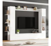 Meuble TV avec Rangement Blanc Brillant 228 cm - Grand Ensemble Télévision Moderne avec Vitrine Acrylique, Étagères Latérales et Rangement Intégré pour Salon