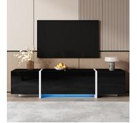 Meuble TV avec rangement, noir laqué et pieds blancs, portes et tiroirs élégants, bande LED incluse