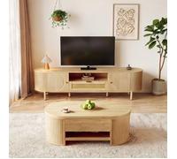 Meuble TV avec table basse réglable en hauteur - design contemporain, finition bois organique naturel, MDF - ensemble salon