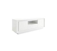 Meuble TV AZONTO 2 portes 1 tiroir 1 niche blanc laqué piètement socle 184x50xH58cm