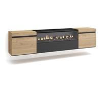 Meuble TV, Banc Télé, 200x35x45cm, Pour TV jusqu'à 80"", feu électrique, Suspendu, Mural, Chêne et noir, RF2261