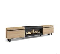 Meuble TV, Banc Télé, 267x35x57 cm, TV grand format, Cheminée électrique XXL, Design industriel, Chêne et noir, RF3603