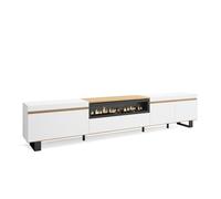 Meuble TV, Banc Télé, 288x57x35 cm, TV grand format, Cheminée électrique, Design industriel, Blanc et Chêne Soft, RF3785