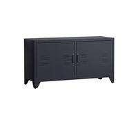 Meuble TV banc TV design industriel - 2 placards, 2 étagères, 4 passe-fils - tôle métal noir