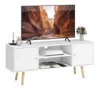 HomCom Meuble TV 120 cm - 2 portes, 2 niches, passe-fils, piètement pin - Blanc