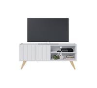 Meuble TV Bar 55 Pouces Blanc Pieds Bois 2 Portes 3 Niches L 135.8 H 58.7 P 36.1cm - L 135.8 x l 36.1 x H 58.7 cm