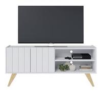 Meuble TV Bar 55 Pouces Blanc Pieds Bois 2 Portes 3 Niches L 135.8 H 58.7 P 36.1cm - L 135.8 x l 36.1 x H 58.7 cm blanc G