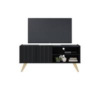 Meuble TV Bar 55 Pouces Noir Pieds Bois 2 Portes 3 Niches L 135.8 H 58.7 P 36.1cm - L 135.8 x l 36.1 x H 58.7 cm