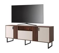 Meuble TV Bar 70 Pouces Noyer et Blanc 3 Portes 4 Niches Pieds Métal L 180 H 64 P 40.3 cm
