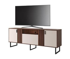 Meuble TV Bar 70 Pouces Noyer et Blanc 3 Portes 4 Niches Pieds Métal L 180 H 64 P 40.3 cm