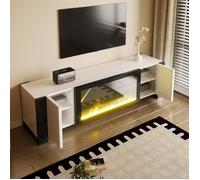Meuble TV Bas 165 cm avec Cheminée Électrique Décorative Sans Chauffage - YEAVIO - 2 Portes Push-to-Open Blanc et Noir