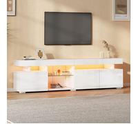 Meuble TV bas, 180x35x45 cm, laquée brillante, 3 portes, étagères réglables, pour les téléviseurs jusqu'à environ 80 pouces, blanc