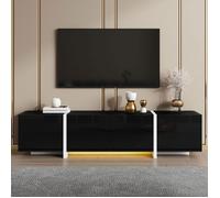 Meuble TV bas, armoire laquée noire avec pieds blancs contrastants, avec bande LED