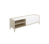 Meuble TV bas avec 1 porte abattante et 2 compartiments ouverts, coloris naturel/blanc