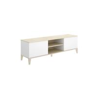 Meuble TV bas avec 2 portes abattante et 2 niches centrales, coloris naturel/blanc