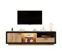 Meuble TV bas avec LED et étagères en verre, design gaming, 160 cm, chêne + | Meuble TV avec tiroir et armoire pour salon, chambre à coucher, gaming, 160 cm de large