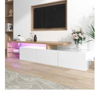 Meuble TV Bas avec Lumière LED, Meuble TV avec Rangement, 3 Portes et 2 Étagères en Verre, Design Élégant et Moderne, Blanc, 200cm