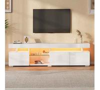Meuble TV bas bois blanc 180x35x45cm Meuble TV brillant Meuble de rangement avec bande LED 3 portes pour télé 80 pouces