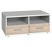 Meuble TV bas coloris Blanc, rechampis imitation chêne - Longueur 46 x Hauteur 38 x Profondeur 40 cm--