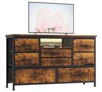 Meuble TV bas - Commode à 8 tiroirs - Éclairage LED - Prises européennes et station de recharge USB - Bois avec structure métallique - Marron