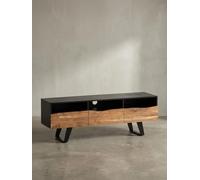 Meuble TV bas en bois massif d'acacia - 140 x 50 x 40 cm - Bords d'arbre - Noir - Meuble TV design haut avec tiroir - Meuble TV moderne avec portes