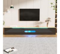 Meuble TV Bas L180 Cm – à Poser Ou Suspendre, Façade Graphite Noir, Éclairage LED, Noir Et Bois