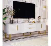 Meuble TV bas laqué haute brillance. MDF. 4 portes & 2 tiroirs. blanc et doré. 170x40x53.5 cm