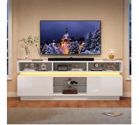 Meuble TV Bas LED 160 cm, Banc TV Salon avec Étagère Verre Trempé, Grand Rangement MDF - TV jusqu’à 60 Pouces - Blanc Brillant