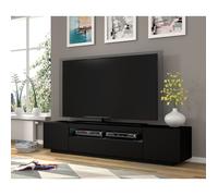 Meuble TV bas universel AURA 200 cm à suspendre ou à poser sous meuble TV - Buffet hi-fi - Noir mat avec LED bleu