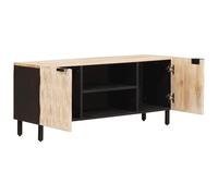 Meuble TV Blanc Avec Finition Cire 105x33x46 cm Bois De Mangue Massif | Cadre en bois massif, finition cirée blanche, portes à charnière, poignées de bol, pieds carrés en fer