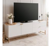 Meuble TV Blanc Bois Massif Armoire Table de Salon Basse 2 Tiroirs Homestyle4u