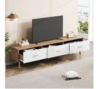 Meuble TV blanc et bois L 150 x P 39 x H 35 cm, 3 tiroirs, anti-basculement, montage nécessaire