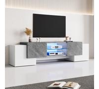 Meuble TV blanc et gris de 180 × 40 × 46,5 cm avec éclairage LED Bluetooth et compartiment de rangement, adapté aux téléviseurs de 60, 65 ou 70 pouces