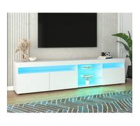 Meuble TV blanc haute brillance - Portes en verre stratifié & LED RGB, 180x35x45cm