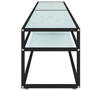 Meuble TV blanc, imitation marbre, dimensions 200x40x40,5 cm. Structure en acier revêtu par poudre, plateau en verre trempé. Design moderne, pieds intégrés, offrant un espace de rangement et un style