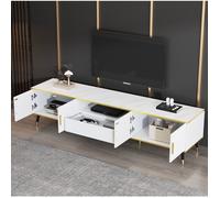 Meuble TV blanc L 200 x P 40 x H 46 cm, 2 portes, 1 tiroir, passe-câbles, plateau effet marbre