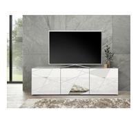 Vente-unique Meuble TV Victory – Blanc laqué brillant, sérigraphie miroir, L181×P43×H57 cm