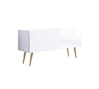 3xE Living Meuble TV : Une Porte, Une étagère, Couleur : Blanc Mat/Blanc Brillant, Pieds dorés D : L : 100 cm, H : 52 cm, P : 32 cm