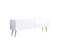 3xE Living Meuble TV : Deux Portes, Deux étagères, Couleur : Blanc Mat/Blanc Brillant, Pieds dorés D : L : 140 cm, H : 52 cm, P : 32 cm