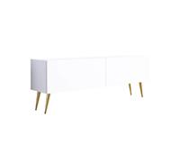 3xE Living Meuble TV : Deux Portes, Deux étagères, Couleur : Blanc Mat, Pieds dorés D : L : 140 cm, H : 52 cm, P : 32 cm