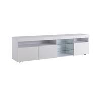 Meuble TV blanc moderne, 240 cm, panneau lumineux avec LED variable, finition brillante (pas haut-gloss), parfait pour salon et salle à manger.