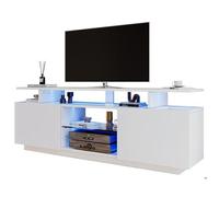 Meuble TV Blanc Moderne avec éclairage LED 16 Couleurs, Longueur 1,4 M. Élégant Meuble TV 60 Pouces, Ruban Lumineux 16 Couleurs