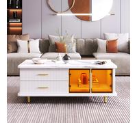 Meuble TV blanc + table basse blanc, modulaire, portes verre trempé, plateau marbre