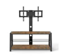 Meuble TV bois marron, plateau verre trempé noir, support réglable hauteur,centre multimédia pivotant, fixation murale 125x116x42 cm