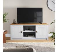 Meuble TV BOLTON L 138 cm en bois massif blanc et brun avec rangement 2 portes et 2 niches pour télévision jusqu'à 50""