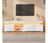 Meuble TV brillance avec LED, 3 portes, 180x35x45cm, meuble bas, étagères en verre trempé réglables, Panneaux de particules, blanc