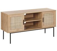Meuble TV Buffet Design Effet Bois Clair avec 2 Portes Cannage en Rotin et Trous Passe Câbles Cabinet Tendance pour Intérieur Rétro et Boho Beliani