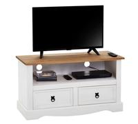 Meuble TV CAMPO banc télévision en pin massif blanc et brun avec 2 tiroirs et 1 niche, meuble de rangement style mexicain en bois