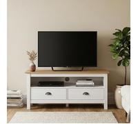 Meuble TV CAMPO L 110 cm avec 2 Tiroirs et 1 Niche en Bois Massif Couleur Blanc et Brun Style Campagne, Pour Téléviseurs jusqu'à 47""